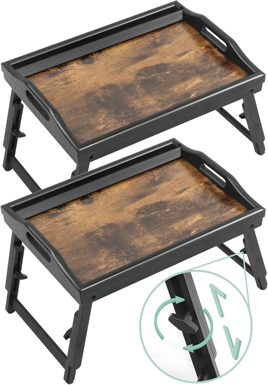 2 Pack Bed Tray Table Breakfast Trays Serving Tray Adjustable Height for Eating Bamboo Bed Laptap Floding Legs with Handles and Phone Holders