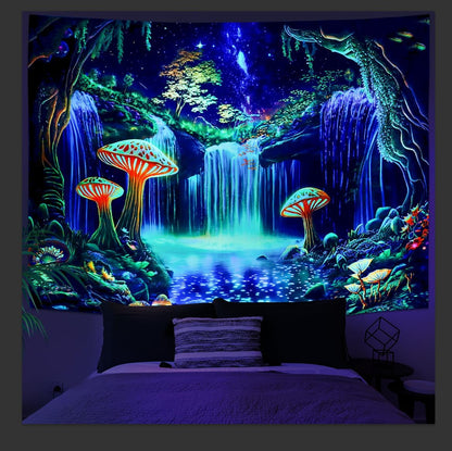 Ameyahud Blacklight Fantasy Forest Tapestry UV Reactive Waterfall Tapestries Starry Sky Tapestry Neon Nature Plant Wall Hanging Decor for Home