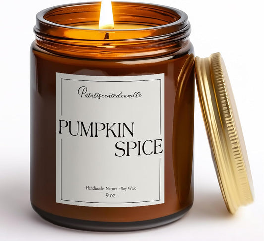 Pumpkin Spice Scented Candles for Home, Natural Soy Wax Aromatherapy Non Toxic Pumpkin Fall Candle Gifts for Women Men, Autumn Amber Glass Jar Candle Decoration for Halloween Holidays (9oz