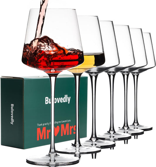 White Red Wine Glasses Set of 6 – 18oz Red Wine Glasses with Tall Long Stem,【Hand Blown】Crystal