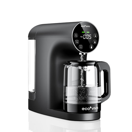 Ecoviva Countertop Reverse Osmosis Water Filter, 6 Stage RO Water Filtration System with Glass Carafe, TDS Displayr, 3:1 Pure to Drain, Portable No Installation Water Purifier Black