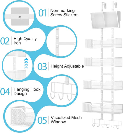 Adjustable Over The Door Organizer, Hanging Door Storage with PVC Pocket and 4 Metal Baskets Wall Mount, Closet Door Organizer Behind Door Rack for Bathroom Bedroom Closet, White