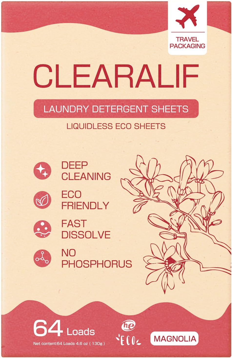 CLEARALIF Laundry Detergent Sheets, Magnolia, 64 Load, CLEARALIF Laundry Detergent Strips Eco Friendly & Hypoallergenic