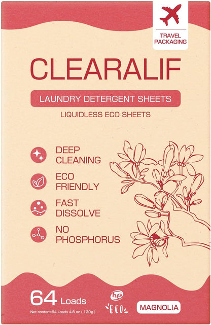 CLEARALIF Laundry Detergent Sheets, Magnolia, 64 Load, CLEARALIF Laundry Detergent Strips Eco Friendly & Hypoallergenic
