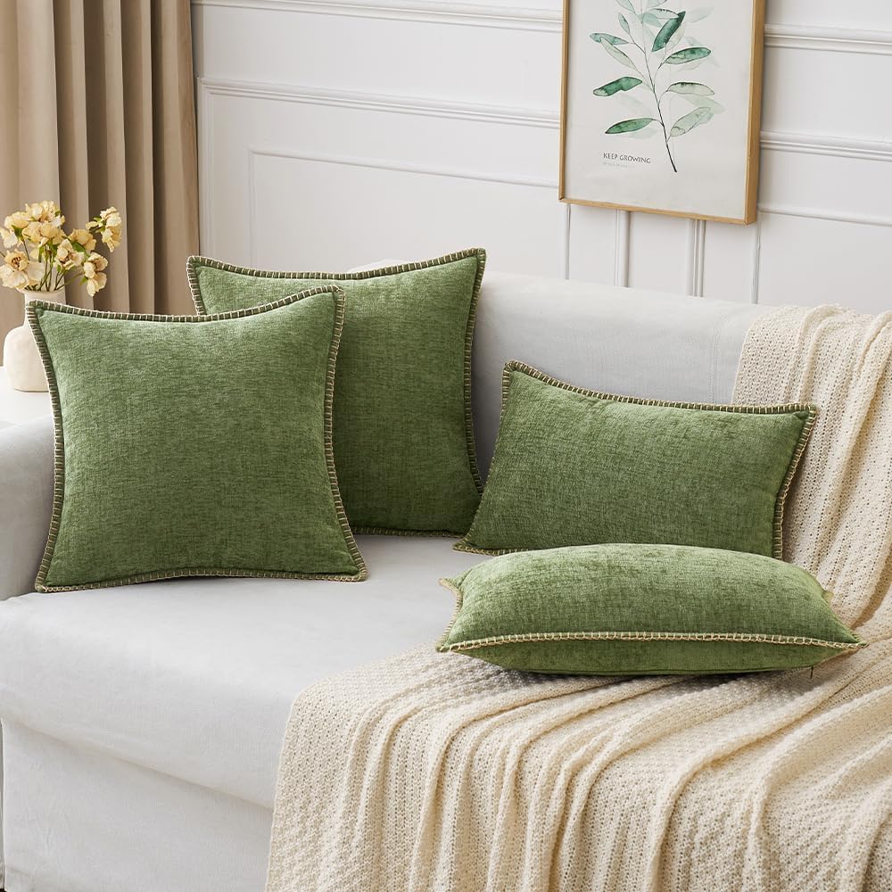 MIULEE Pack of 2 Fall Couch Throw Pillow Covers 18x18 Inch Sage Green Farmhouse Decorative Pillow Covers with Stitched Edge Soft Chenille Solid Dyed Spring Pillow Covers for Sofa Bed Living Room