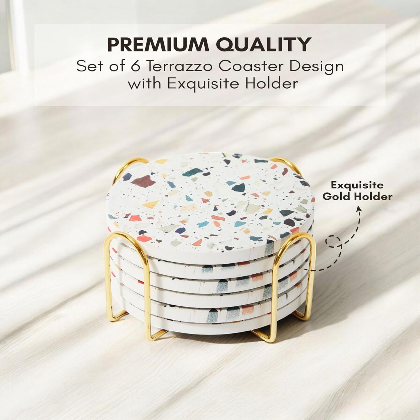 Terrazzo Drink Absorbent Coasters with Holder Set of 6, Ceramic Coaster for Drinks, Coffee Table Decor, Water Absorbing Stone Coaster for Drinks (Mosaic)