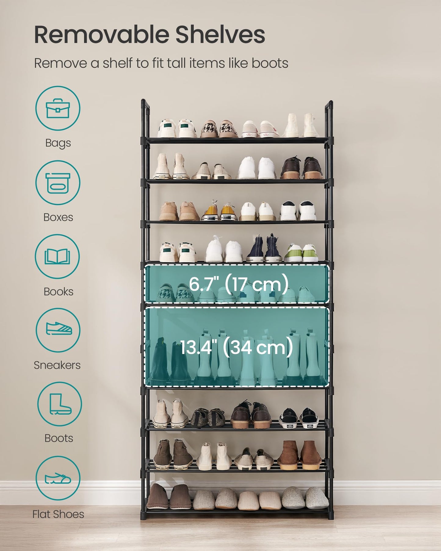 SONGMICS Shoe Rack, 10-Tier Shoe Organizer, Metal Storage Shelf, Upright or Upside Down, for 44-55