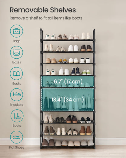 SONGMICS Shoe Rack, 10-Tier Shoe Organizer, Metal Storage Shelf, Upright or Upside Down, for 44-55