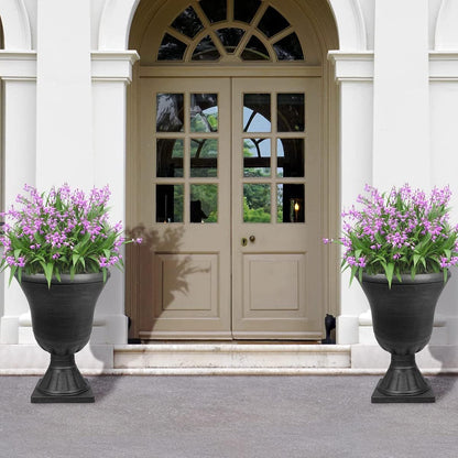 Worth Garden 2-Pack Plastic Urn Planters for Outdoor Plants, 22'' Black Tall Round Classic Resin Traditional Flower Pots - 15 in. Dia. Large Imitation Stone Decorative Pot Patio Deck Front Porch