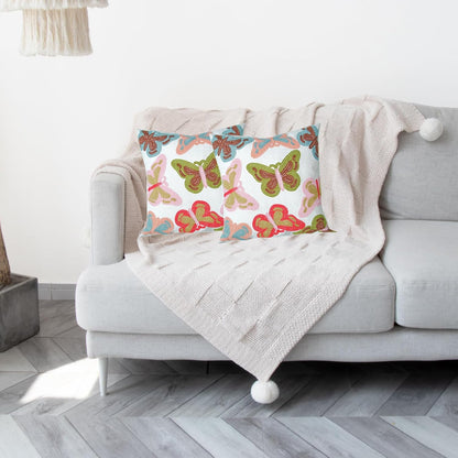 Embroidered Decorative Throw Pillow Cover, 18"x18" Set of 2, Farmhouse Pillowcase Colorful Butterfly Knit Pattern Cotton Canvas Cushion Case Square Floral Pillow Case for Sofa Couch Bed Living Room
