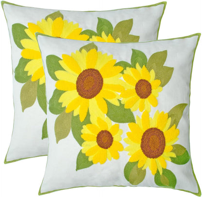 Embroidered Decorative Throw Pillow Cover, 18"x18" Set of 2, Farmhouse Pillowcase Yellow Sunflower Knit Pattern Cotton Canvas Cushion Case Square Floral Pillow Case for Sofa Couch Bed Living Room