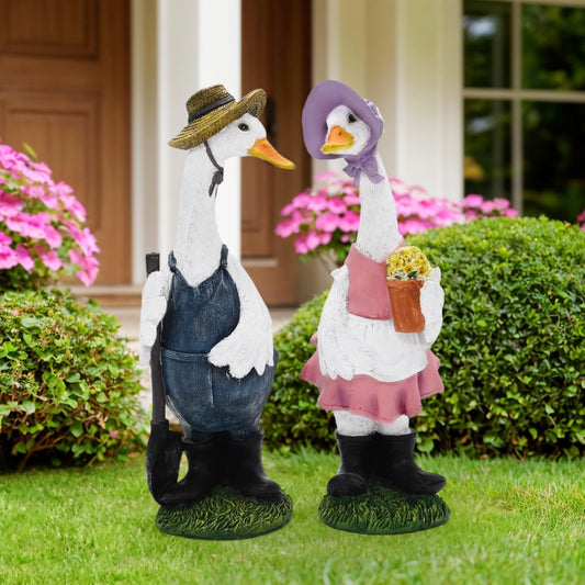 Porch Goose Statue Outfits Large Garden Sculpture Cement Home Outdoor Decorations Lawn Resin Big Duck Figurine Outside Yard Concrete Geese Decor Farmhouse Duckling Couple Dress Up