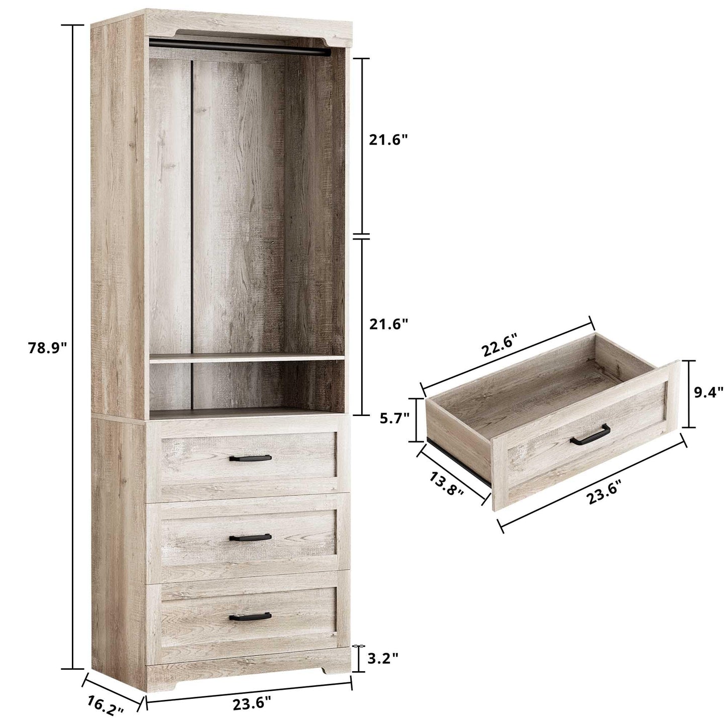 IRONCK Freestanding Closet System with Adjustable Shelves & 3 Drawers