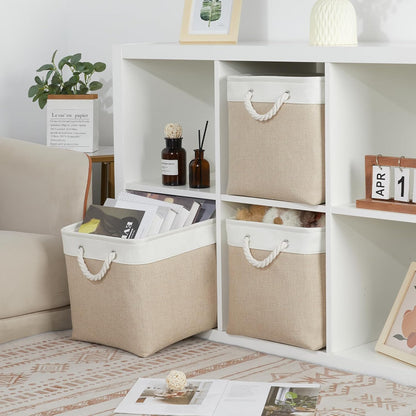 Bidtakay Large Storage Baskets for Organizing Fabric Closet Organizers Storage Bins with Handles 3-Pack 16x11.8x11.8 Inch Collapsible Baskets for Shelves Clothes Home Organization L-White&Beige