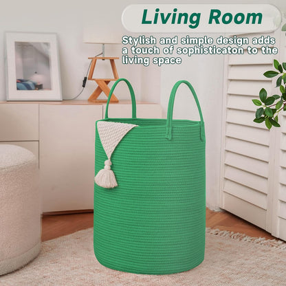 Large Woven Laundry Basket Hamper,60L Cotton Rope Storage Bin for Blankets,Toys and Clothes,Decorative Tall Nursery Hamper for Living Room,Baby Nursery,Bathroom and Bedroom,Dark Green