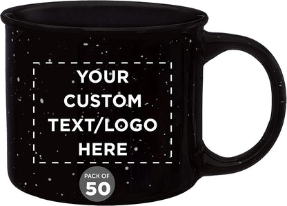 DISCOUNT PROMOS Custom Ceramic Campfire Coffee Mugs 13 oz. Set of 50, Personalized Bulk Pack - Perfect for Tea, Espresso, Cappuccino, Hot Cocoa - Black