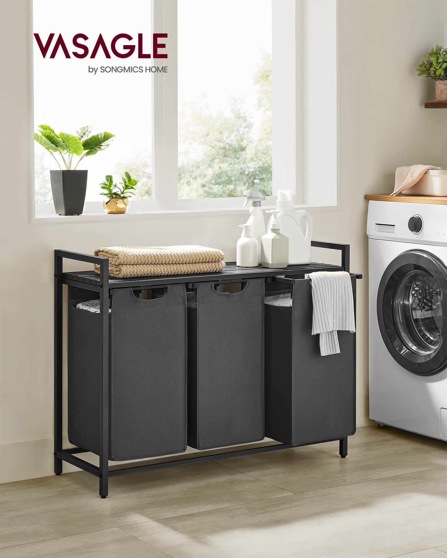 VASAGLE Laundry Hamper, Laundry Basket, Laundry Sorter with 3 Pull-Out and Removable Bags, Shelf