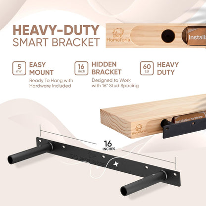 Homeforia 24inch Walnut Floating Shelves for Wall, High End Solid Real Wood 24in Floating Shelf for Bathroom, Dark Brown 24 inch Long Floating Shelves, Heavy Duty Bracket, 24 X 6.5 X 1.75 in, Set of 3