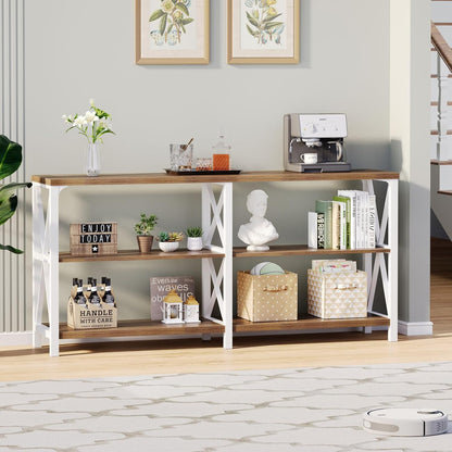 LVB Industrial Entryway Table, Farmhouse Rustic Console Table Behind Couch, Long Metal Sofa Table with Storage Shelf, Modern Hallway Table for Living Room Bedroom,White and Rustic Oak,63 inch