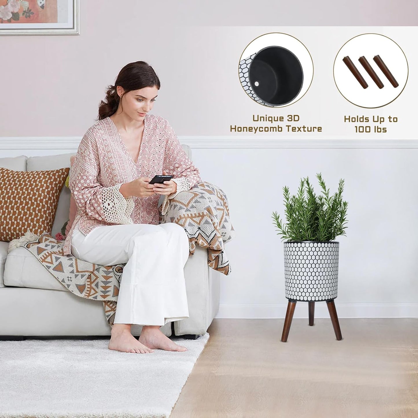 Flower Pot with Legs Tall Flower Pot with Drainage Holes for Indoor and Outdoor Decorative Planting (White Black Honeycomb, 12 Inches)