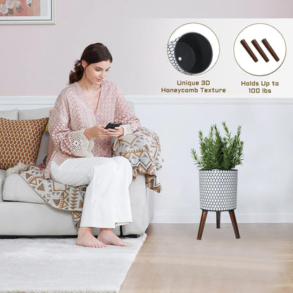 Flower Pot with Legs Tall Flower Pot with Drainage Holes for Indoor and Outdoor Decorative Planting (White Black Honeycomb, 12 Inches)