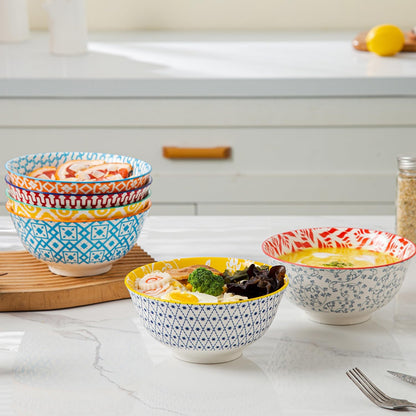 Ceramic Soup Bowls Set - 24 Oz Deep Cereal Bowl - 6 Inch Large Kitchen Dinner Bowl Eating Pasta Salad Dessert Noodle Rice Oatmeal - Microwave Dishwasher Safe - Set of 6 - Assorted Colors