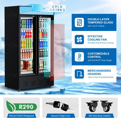 30 Cu.ft. Commercial Beverage Refrigerators Glass Door Refrigerator Upright Display Cooler with Soft LED Light and Adjustable Shelves for Restaurant Grocery Stores Home