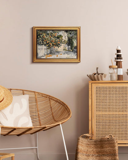 HUARCEY Gold Framed Vintage Wall Art for Living Room Country Orange Trees Earthy Room Decor Aesthetic Oil Painting Wall Picture Farmhouse Canvas Print Artwork for Kitchen Bedroom Bathroom Decor 12x16