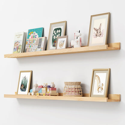 Picture Ledge Shelf, Floating Shelves Set of 2, Solid Pine Wood 55'' Long Large Nursery Book Shelves for Toys Storage, Kids Bookshelf for Living Room Bedroom Decor Books Photo Frames, Natural