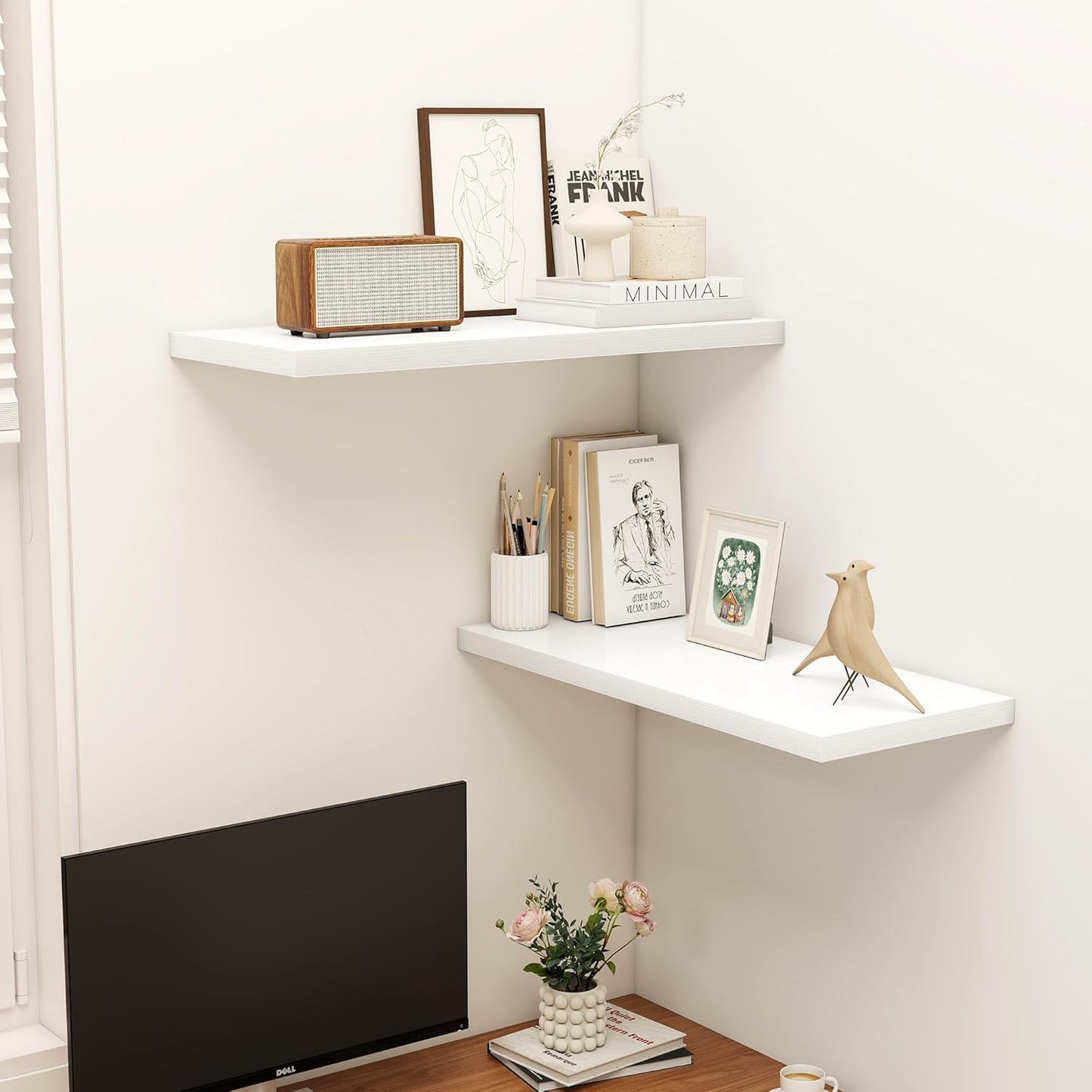 32" Floating Shelves for Wall, 12" Deep Slim White Floating Shelves, Wall-Mounted Shelves for Bedroom, Living Room, Kitchen, Bathroom - Set of 2