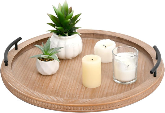 SwallowLiving 18Inch Brown Wooden Beaded Serving Tray with Handle Decorative Rustic Tray for Coffee Table Farmhouse Round Trays for Kitchen, Living Room and Bedroom