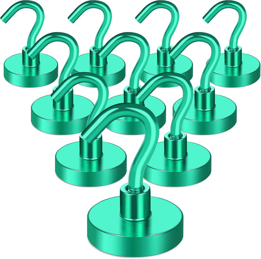 MIKEDE Magnetic Hooks, 40Lbs+ Heavy Duty Magnet Hooks for Cruise Cabins, Super Neodymium Hanging Hooks Strong Magnets with Hook for Fridge, Magnetic Hanger for Grill, Toolbox, Storage(Green, 10 Pack)