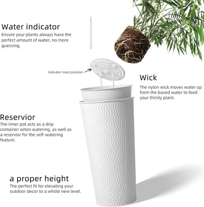 KOL 28" H. Tall Metal Cone Planters with Inner Pots 2-Pack, White Hand-Hammered Large Decor Planter for Deck, Patio, Porch - Handcrafted Flower Pot - with Water Level Indicator - Indoor Outdoor Use