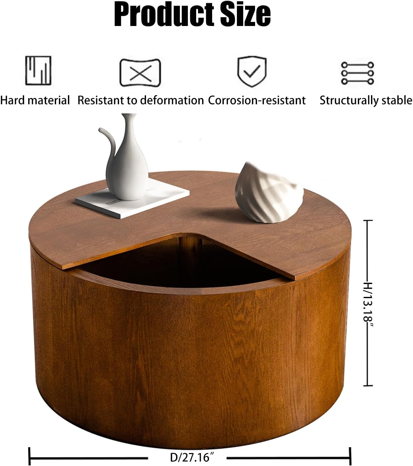 27.16" Drum Coffee Table with Storage Modern Unique Tea Table Contemporary Wood Round Coffee Table with Hidden Storage Centry Table for Living Room、Bedroom、 Office Walnut