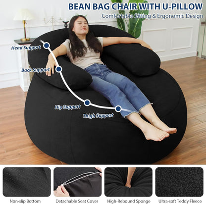 HABUTWAY Bean Bag Chair with U-Shaped Pillow for Adult and Kids Big BeanBag Chair with Filling Ultra Soft Teddy Fleece Couch Chair with Washable Cover for Living Room Bedroom Office, Black & Black