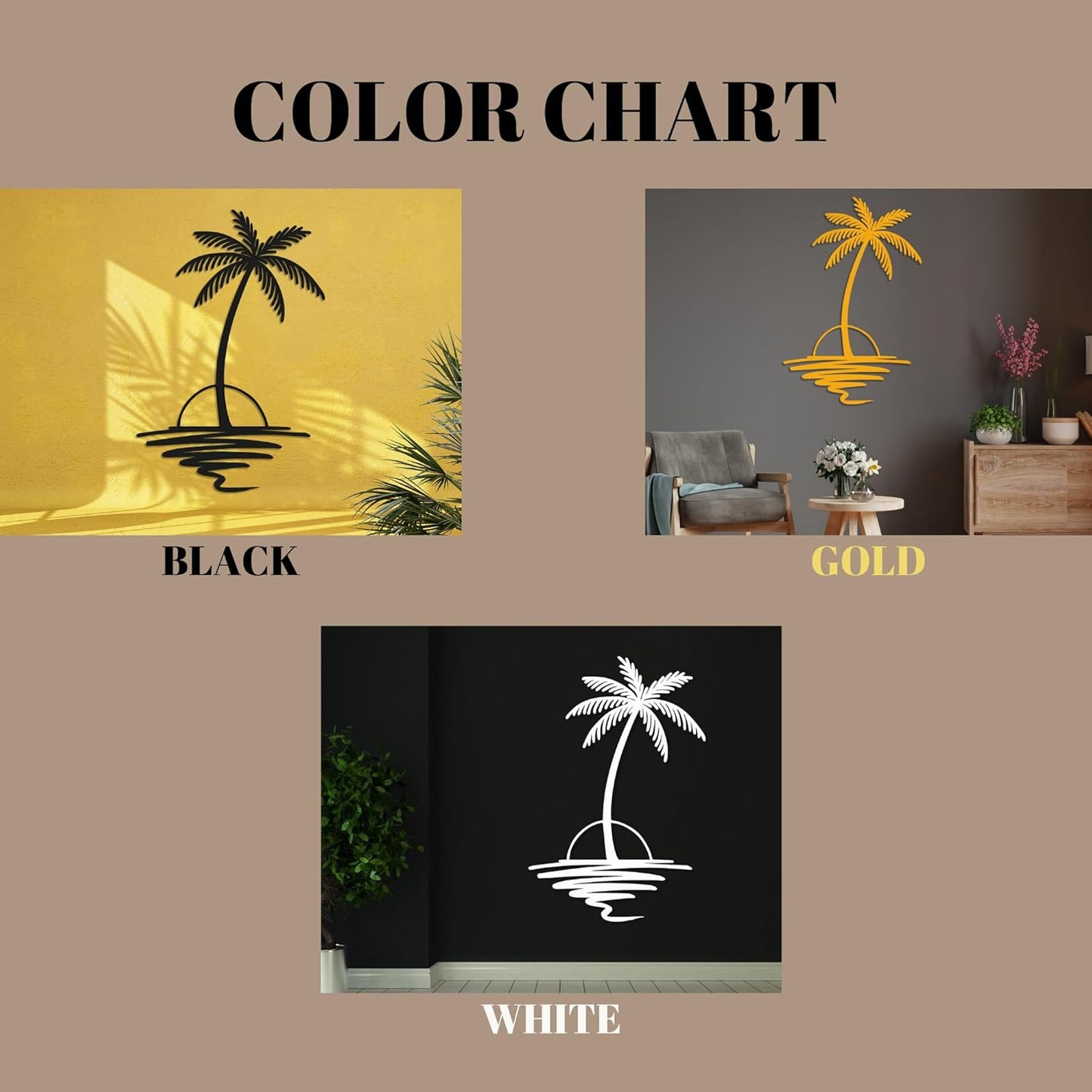 Metal Palm Tree with Sunset Wall Art, Large Outdoor Wall Decor, Tropical Beach Coastal Decor for Living Room, Bedroom, Garden Home Wall Sign, Perfect Metal Wall Art for Beach House, Coastal Theme, and Home Decoration (Gold, 32 x 26 inches)