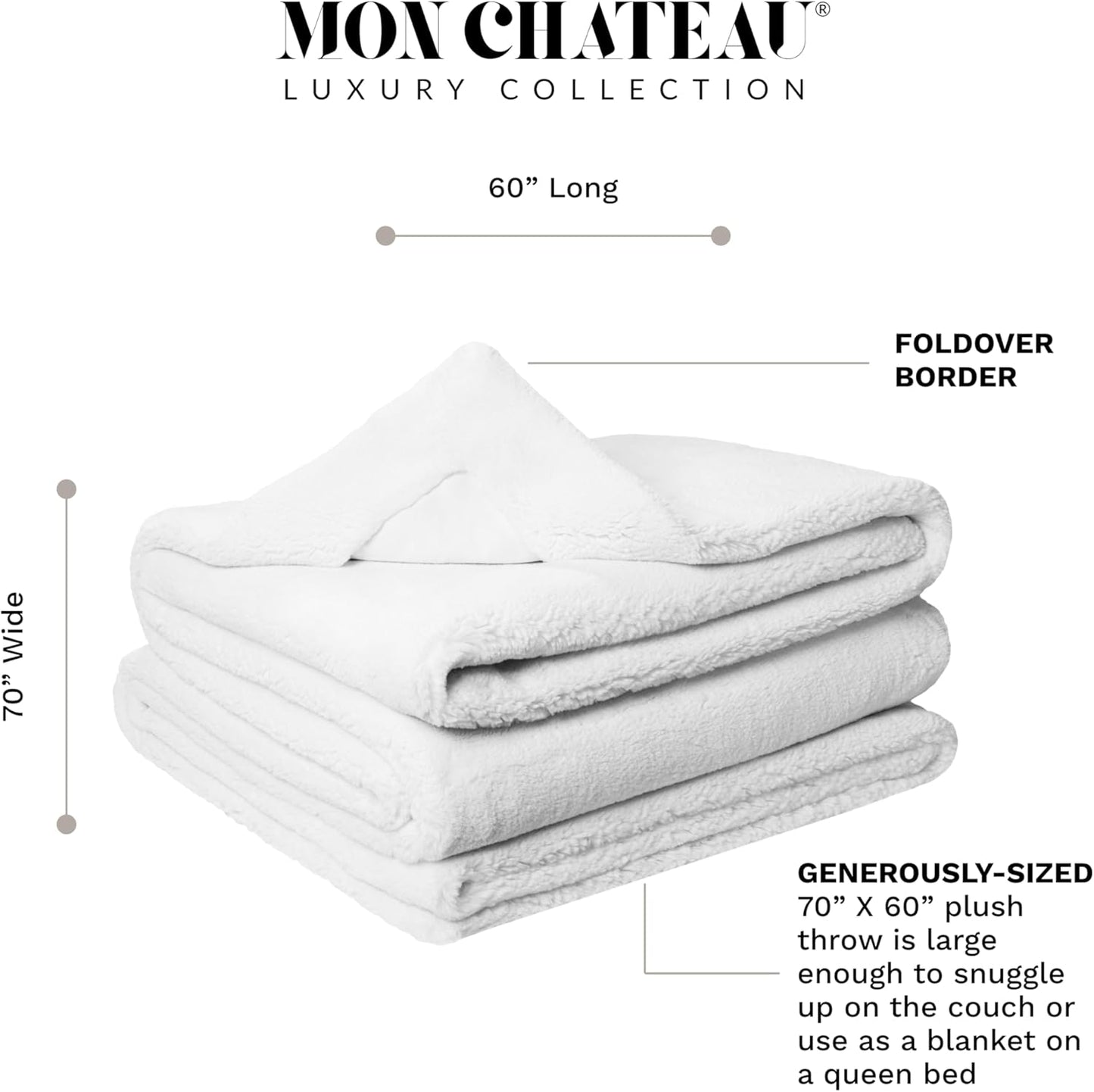 Mon Chateau Luxury Ultimate Plush Faux Fur Throw with 6cm Foldover for Couch, Sofa, or Bed - Plush Ultra Soft Blanket for Sleeping or Home Décor, 60" x 70" (Foldover Ivory)