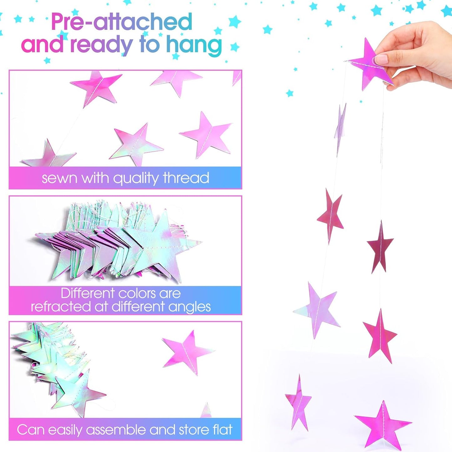 Patelai Glitter Star Garland Banner Decor 130 Feet Star Hanging Bunting Banner Twinkle Backdrop for Homecoming Classroom Wedding Birthday Halloween Christmas Party Supplies(Iridescent Purple)