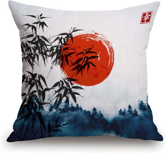 TSSOHU Throw Pillow Cover Japanese Bamboo Pillow case Asian Ink Painting Black Tree Stems Red Sun Mountains Decorative Pillow Case Funny Home Decor Square 18 x 18 Inch Cushion Pillowcase