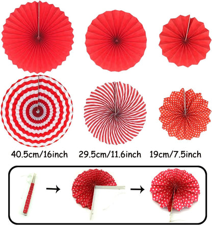 ZERODECO Party Decoration, 21 Pcs Red Hanging Paper Fans Pom Poms Flowers, Garlands String and Triangle Bunting Flags for Birthday Parties Baby Showers Wedding
