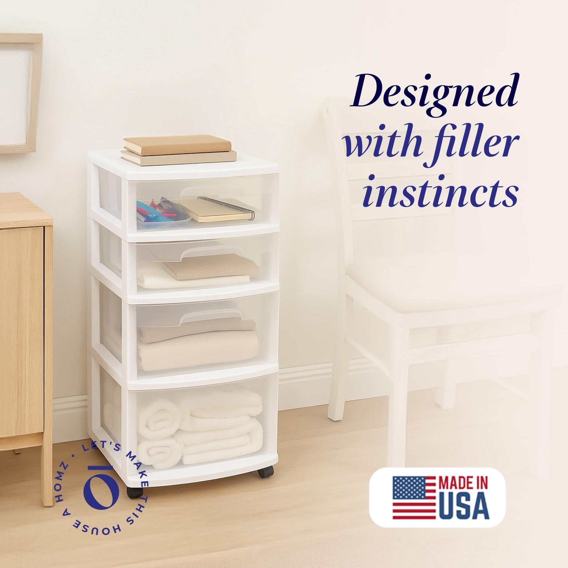 HOMZ Drawer Tower, 4-Tier Clear Plastic Storage Organizer Cart, White Frame - Rolling Drawers with