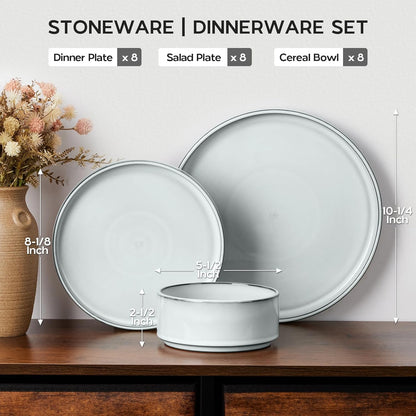 Onader Dinnerware Dishes Sets for 8, Stoneware Plates and Bowls with Unglazed Terracotta Bottom, Ceramic Kitchen Dinner Dish Set, 24 Piece - Glacier White