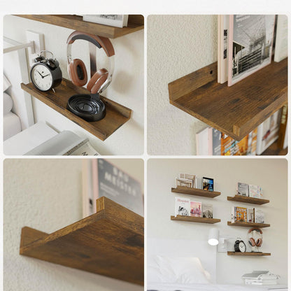 RICHER HOUSE 5 Set Floating Shelves for Wall Decor, Wall Mounted Book Shelf, Nursery Shelves Picture Ledge Shelf with Lip for Wall Storage, Bedroom, Living Room, Bathroom - Brown