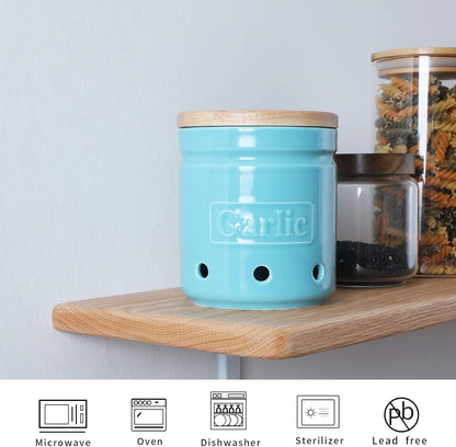 Large Garlic Keeper with Wooden Lid, Ceramic Garlic Holder Storage, Garlic Container for Kitchen, Garlic Saver to Keep Your Garlic Cloves Fresh Longer 4.5-Inch, Turquoise