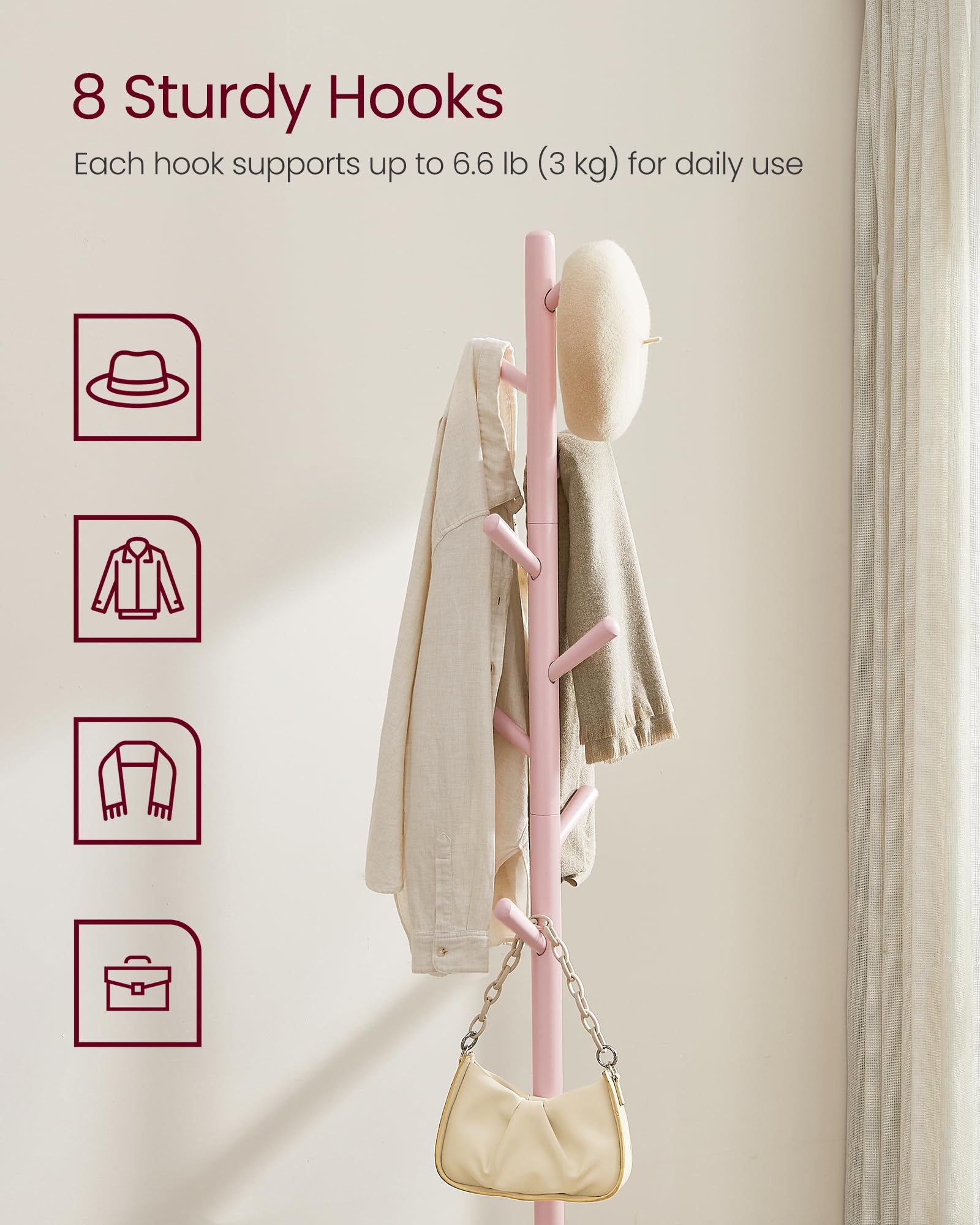 VASAGLE Solid Wood Coat Rack, Free Standing Hall Coat Tree with 8 Hooks, 3 Height Options, for