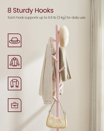 VASAGLE Solid Wood Coat Rack, Free Standing Hall Coat Tree with 8 Hooks, 3 Height Options, for
