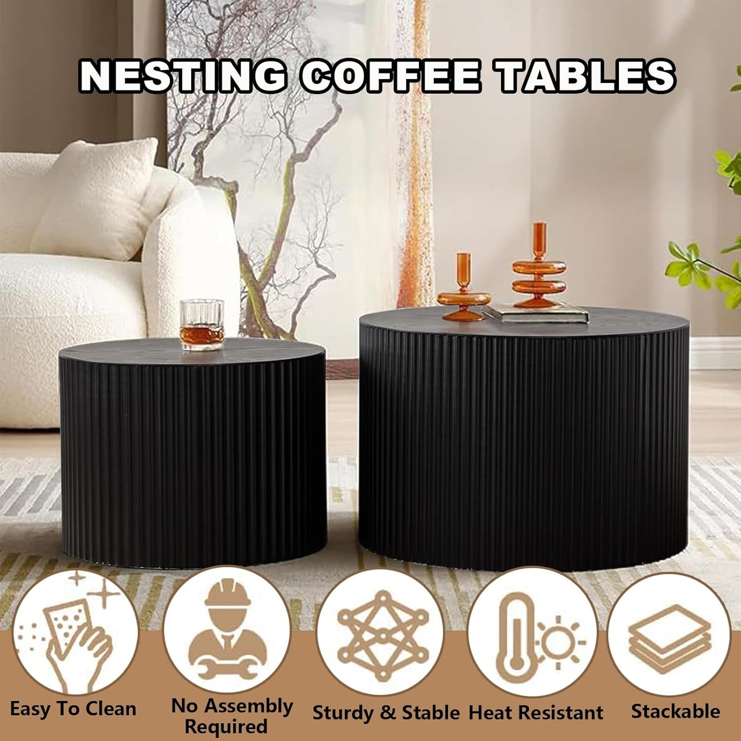 Modern Black Nesting Coffee Table Set of 2 Handcraft Fluted Coffee and End Table Sets Wooden Drum Small Round Side Table Funky Center Tables for Living Room,No Assembly,Black Small