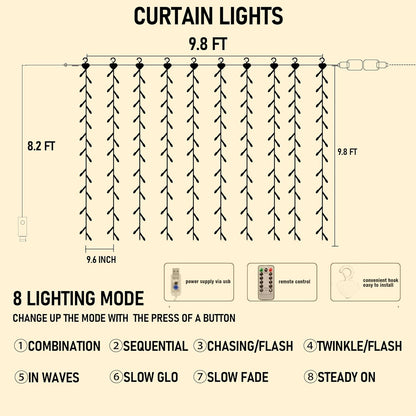 FUNPENY Window Curtain String Lights, 300 LED 8 Lighting Modes Fairy Lights USB Powered, Waterproof Lights for Christmas Bedroom Party Wedding Home Garden Wall Decorations, Warm White