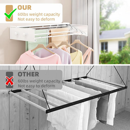 Wall Mounted Drying Rack with 4 Hooks and Shelf, Foldable Clothes Drying Rack for Laundry Room, Collapsible Laundry Rack Wall Mount, for Indoor Outdoor Hanging Clothes, 23.6 Inch