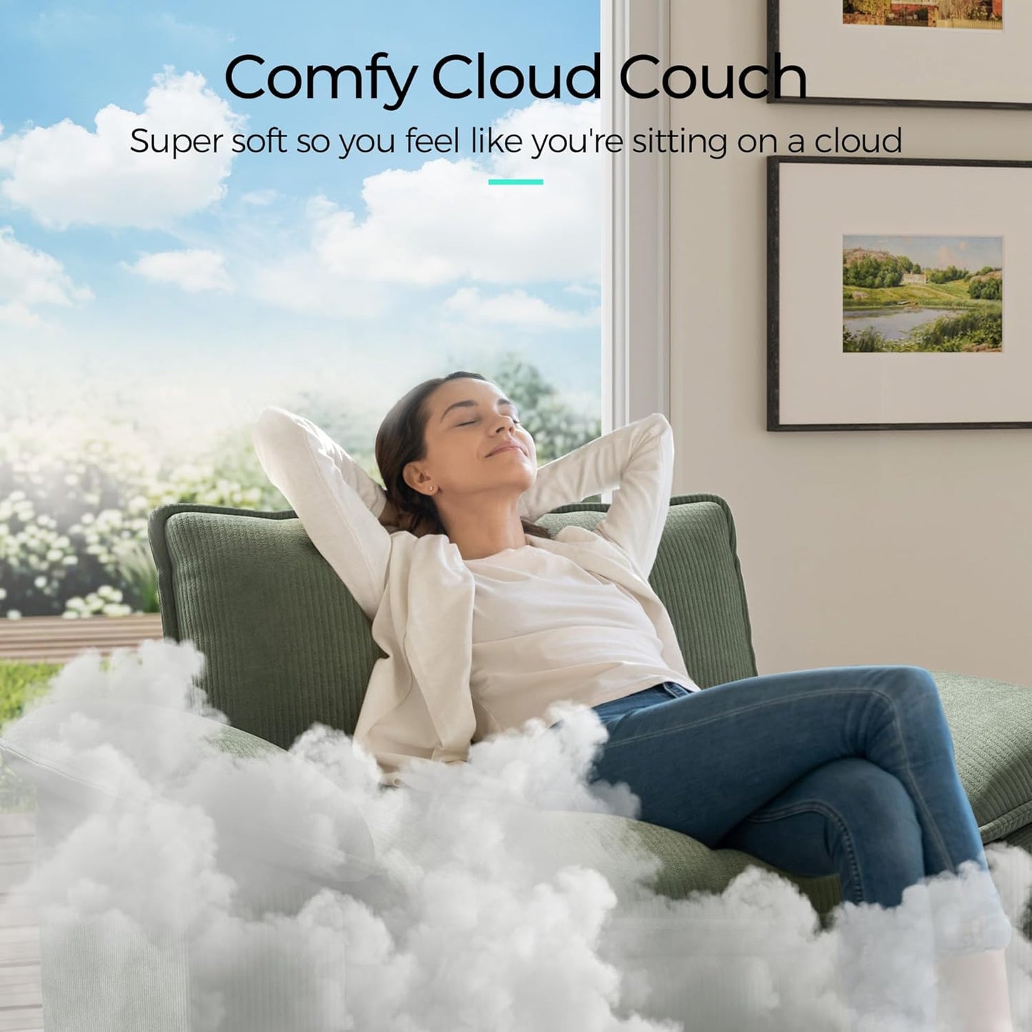 LINSY HOME Sofa Chair with Movable Ottoman - Corduroy Cloud Couch Chair Soft Comfy Modern Sofa Chaise Single Sleeper Chair Bed for Living Room Apartment Office, Green